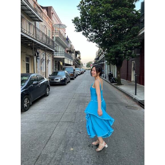 ESTEBAN CORTAZAR COLLECTIVE Aqua Hourglass White Stitch Midi Dress Size Medium - Picture 1 of 15